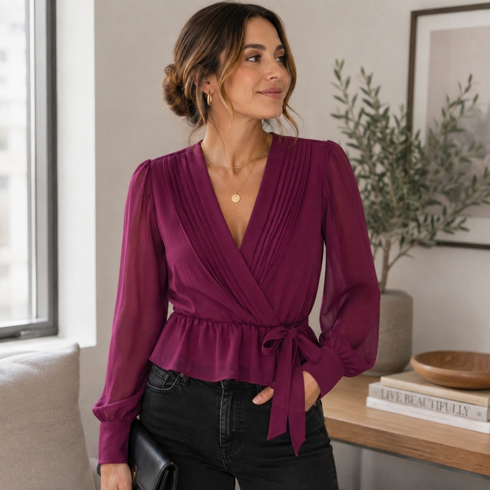 Express Burgundy Faux Wrap Blouse Sheer Sleeve Tie Waist Womens Small